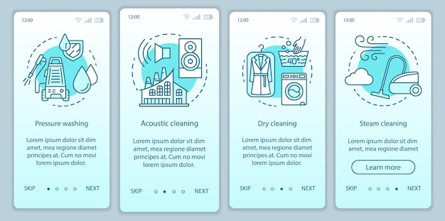Cleaning methods onboarding mobile app page screen, linear concepts. Four walkthrough steps graphic instructions. Pressure washing. Dry, steam cleanup. UX, UI, GUI vector template with illustrations