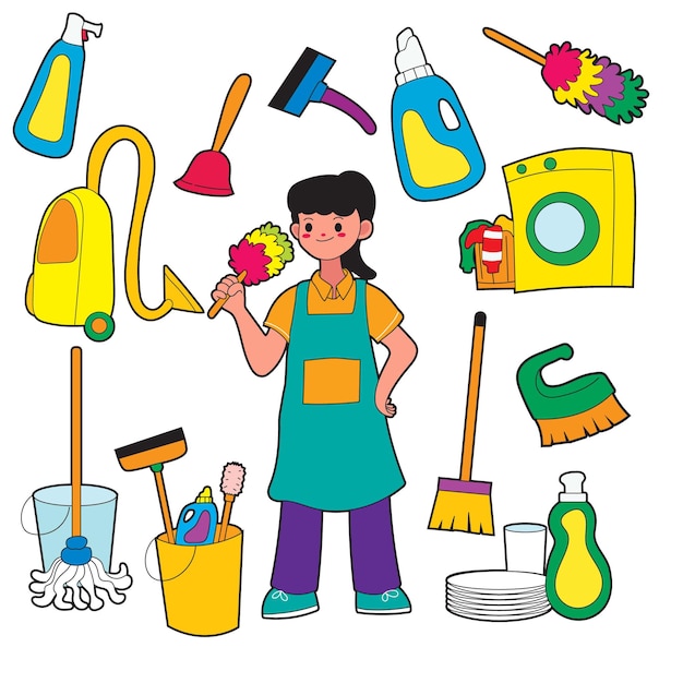 Vector cleaning related objects and elements hand drawn cartoon style vector illustration collection