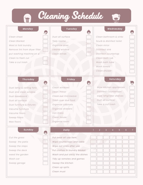 Vector cleaning schedule digital planner