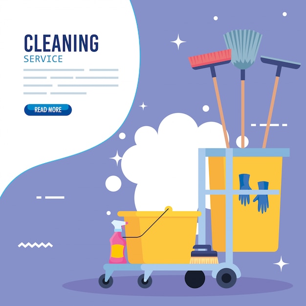 Cleaning service banner, cleaning trolley with equipment icons illustration design