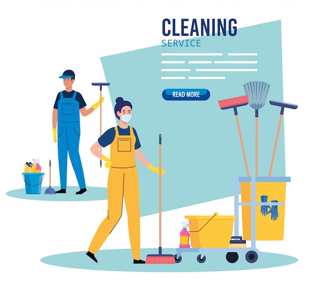 Vector cleaning service banner, couple workers with cleaning trolley with equipment icons illustration design