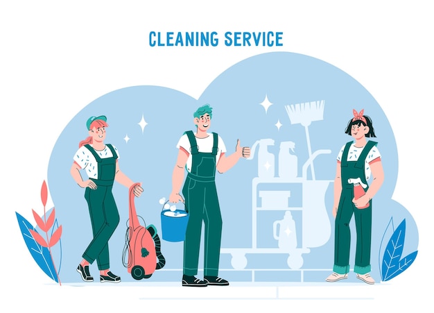 Cleaning service banner or poster template with smiling cleaners cartoon flat vector illustration