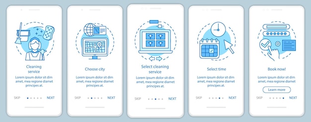 Cleaning service booking onboarding mobile app page screen, linear concepts. Cleanup company. Five walkthrough steps graphic instruction. Online form filling. UX, UI, GUI vector template, illustration