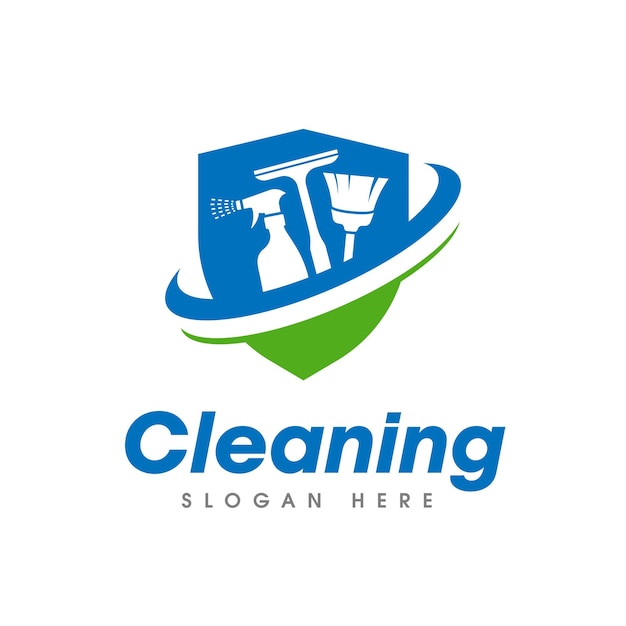 Vector cleaning service business logo design broom squeegee and spray isolated on shield shape