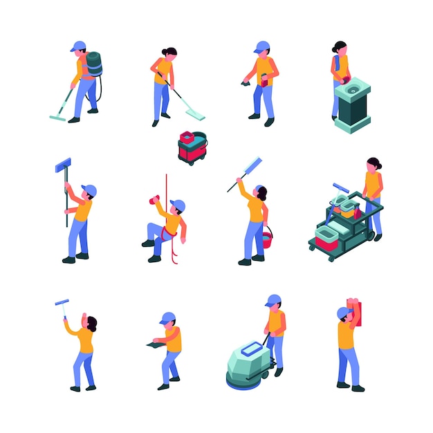 Cleaning service characters People washing commercial windows janitor workers interior cleaning team detergents items garish vector illustrations collection in cartoon style