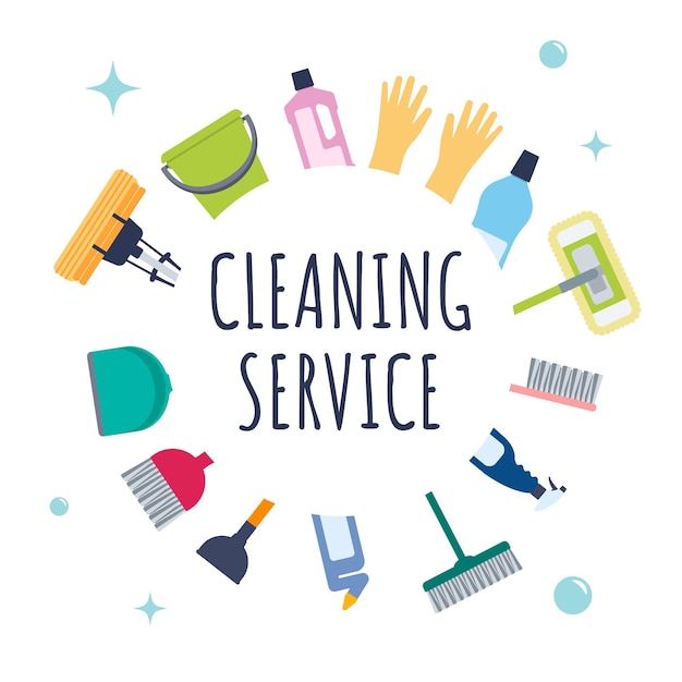 청소 도구로 집 청소 서비스를 위한 청소 서비스 개념 포스터 템플릿