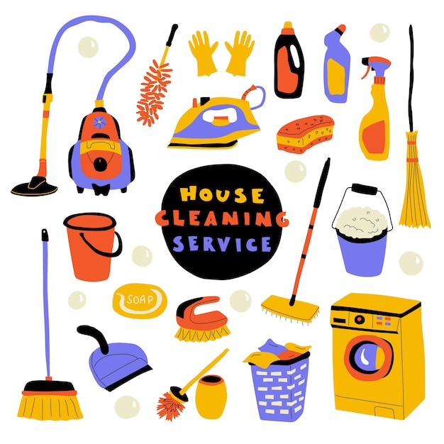 Vector cleaning service, cute doodle set with lettering.