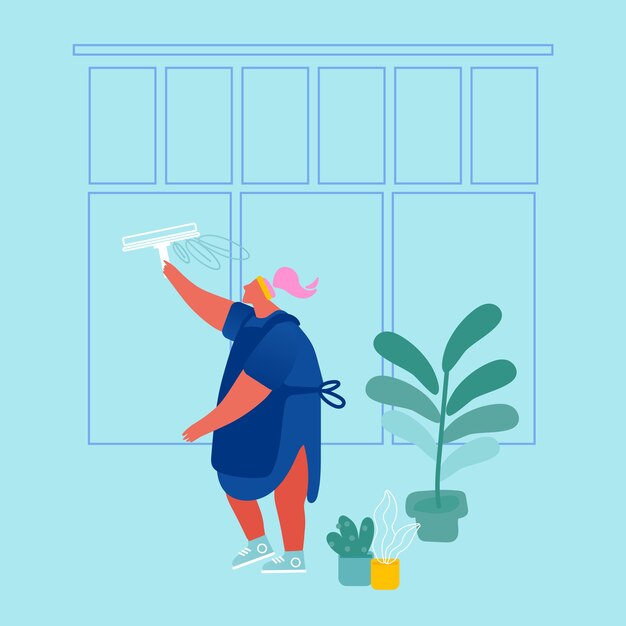 cleaning service female character in uniform and apron washing window with tool. professional cleaning company worker with equipment at work. housekeeping occupation. cartoon flat 