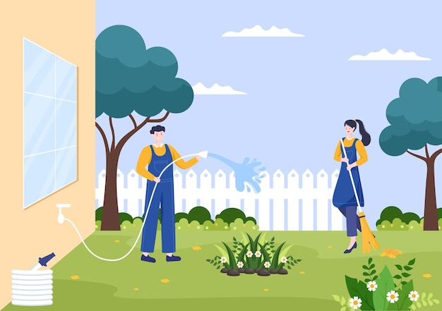 Cleaning Service flat Design Illustration. People Sweeping and Clean in the Road from Leaves with Broom for Background, Banner or Poster