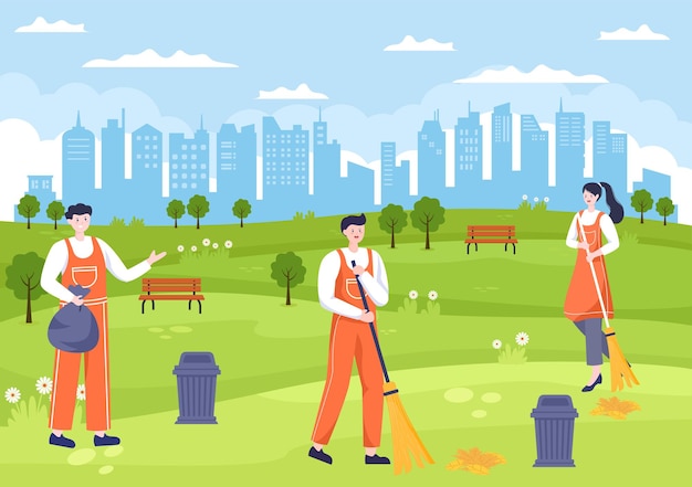 Vector cleaning service flat design illustration. people sweeping and clean in the road from leaves with broom for background, banner or poster