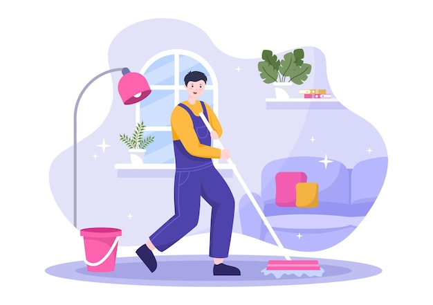 Vector cleaning service flat design illustration. people vacuum, wipe the dust and sweeping floor in the house for background, banner or poster