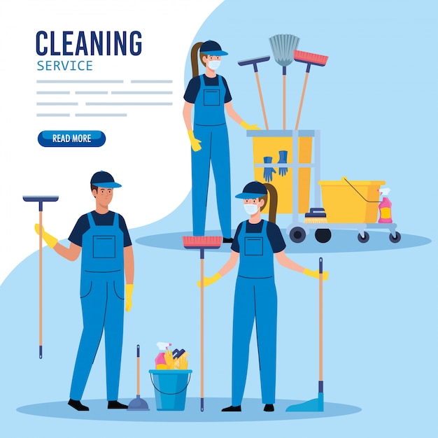 Cleaning service, group of workers of cleaning service with equipments illustration design