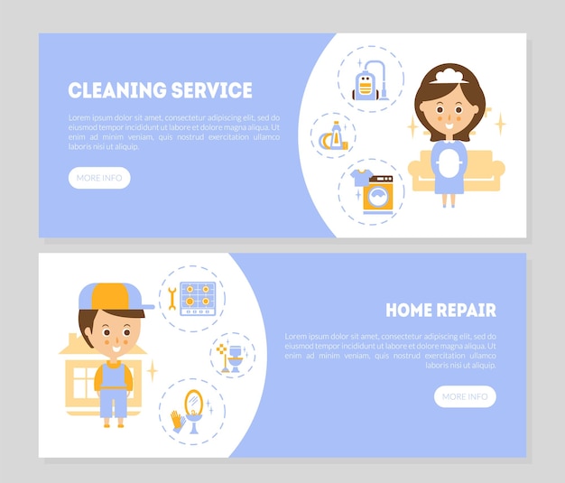 Cleaning service home repair landing pages templates set maid service cleaning agency home