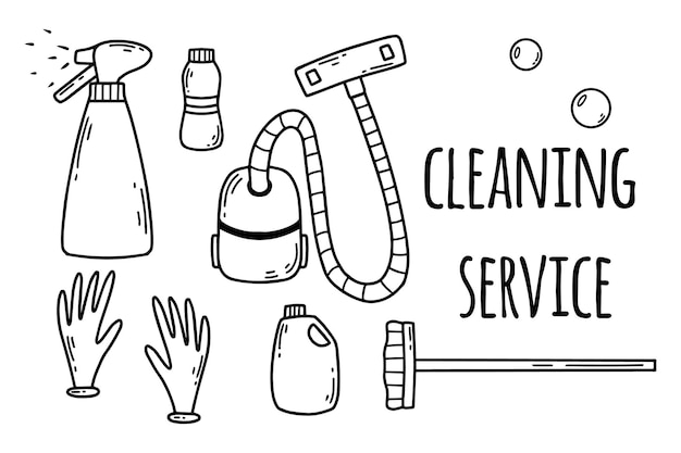Servizio di pulizia pulizia della casa illustrazione vettoriale stile doodle volantino per il servizio di pulizia spray per aspirapolvere e bolle