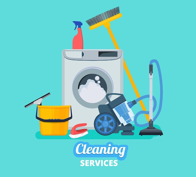 Vector cleaning service. household items kitchen spray bucket vacuum cleaner cleaning supplies  concept background.