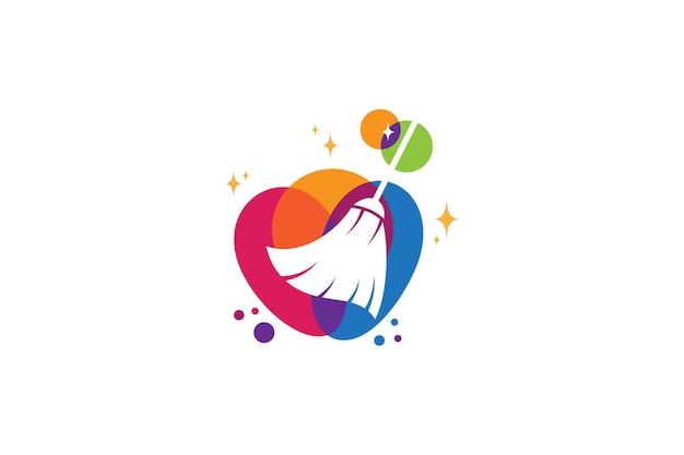Cleaning service logo with a broom shape concept in colorful bubbles and sparkling star decoration