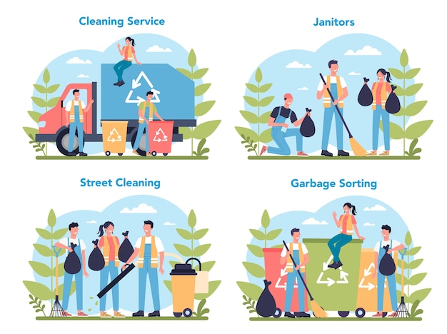 청소 서비스 또는 회사 개념 설정. 특수 장비로 직원을 청소하십시오. 청소부 노동자는 거리를 청소하고 쓰레기를 분류합니다.