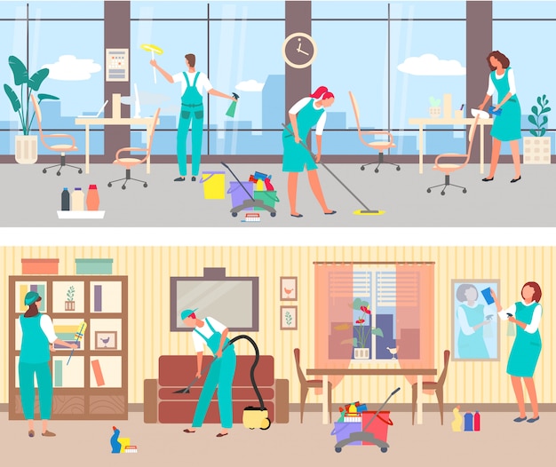 cleaning service, professional cleanup in the office and home. cleaner vacuuming the sofa, washing windows.