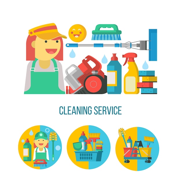 Vector cleaning service.  set of cleaning products in a plastic basket, vacuum cleaner, maid, mop.