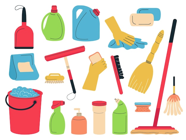 cleaning service supplies tools for clean and wash house accessories broom and dustpan doodle bucket with soap foam equipment decent vector set
