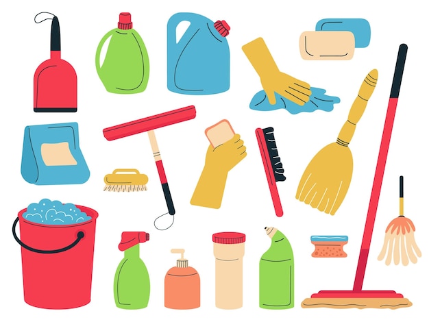 Premium Vector  Set of cleaning equipment house cleaning service tools  vector illustration