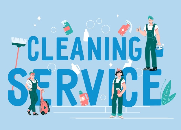 Vector cleaning service team at backdrop of inscription vector illustration on blue background