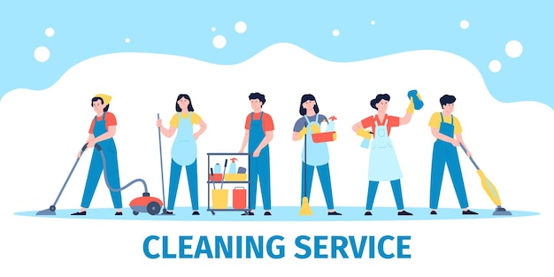 Cleaning service team Cleaners group with equipment professional people banner Housekeeper company laundry and industrial clean recent vector poster