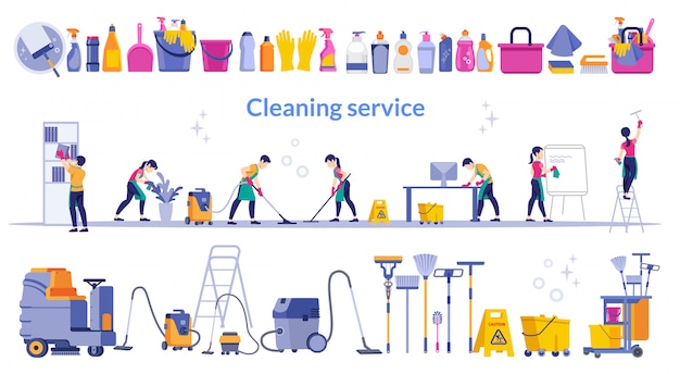 Servizio di pulizia. team di servizio di pulizia che lavora in ufficio e un grande strumento di pulizia.