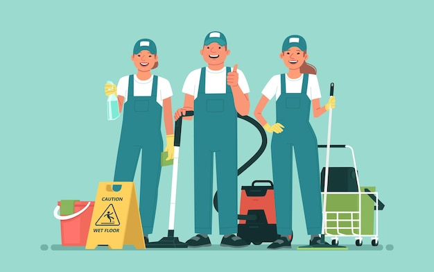 Vector cleaning service team of happy employees with cleaning equipment on an isolated background