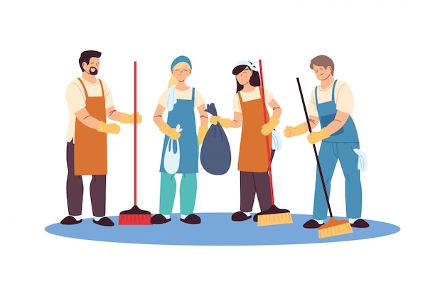 Vector cleaning service team with gloves and cleaning utensils