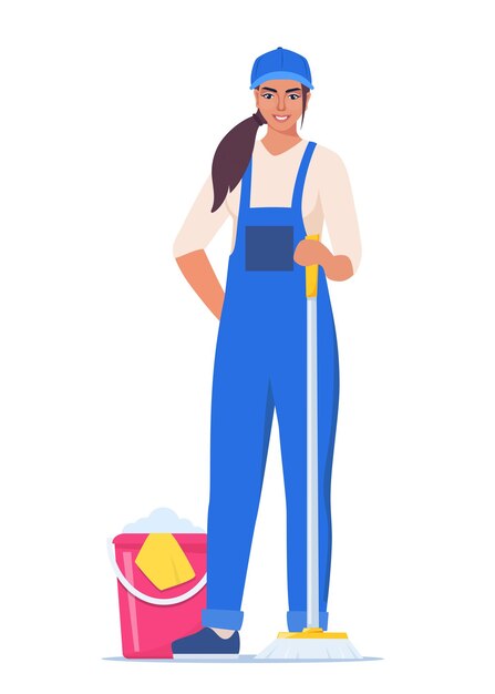 モップで制服を着たクリーニング サービスの女性キャラクター クリーニング サービスの労働者ベクトル イラスト