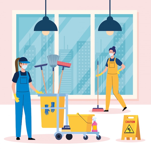 cleaning service, women workers of cleaning service wearing medical mask in the house illustration design