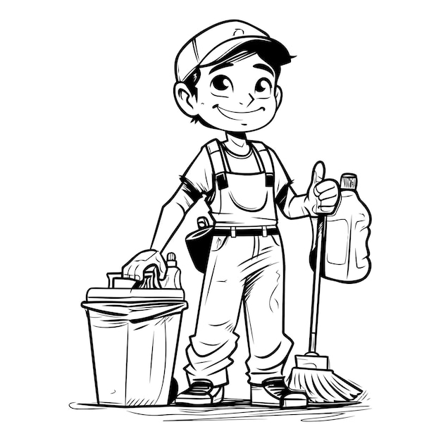 cleaning service worker cartoon vector illustration graphic design in black and white