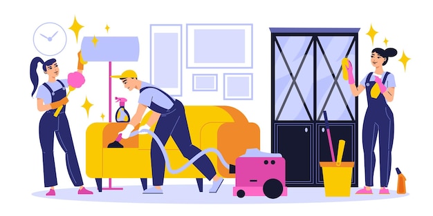 Vector cleaning service workers tidying up living room vacuuming sofa wiping furniture flat vector illustration