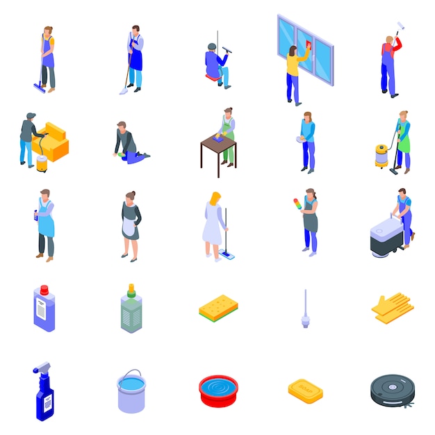 Cleaning services icons set, isometric style