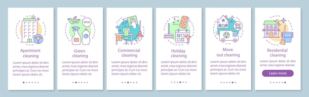 Cleaning services onboarding mobile app page screen, linear concepts. Commercial, holiday, move out cleanup. Six walkthrough steps graphic instructions. UX, UI, GUI vector template with illustrations