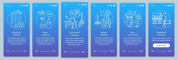 Cleaning services onboarding mobile app page screen vector template