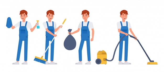 Vector cleaning staff character set