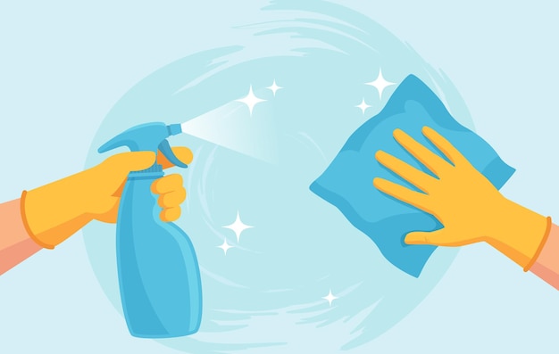 Cleaning surface. Hands in gloves clean with spray and wipe. Sanitizing home from virus and bacteria. Coronavirus prevention vector concept. Antibacterial sprinkling, preventing virus spread