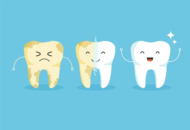 Premium Vector | Cleaning teeth. cartoon snow-white happy and yellow sad  tooth. before and after whitening. dental.