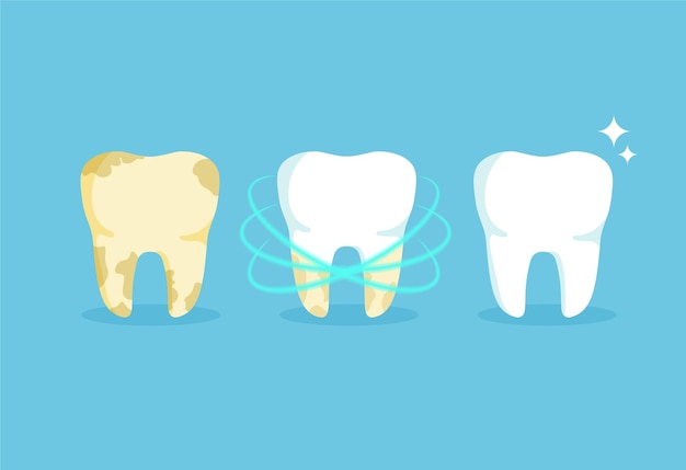 Чистка зубов. белоснежный и желтый зуб. до и после отбеливания. концепция стоматологического здоровья.