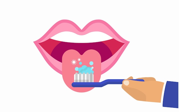 Cleaning the tongue by toothbrush oral hygiene vector illustration