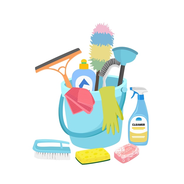Cleaning tool kit set Cleaning supplies vector in flat cartoon style