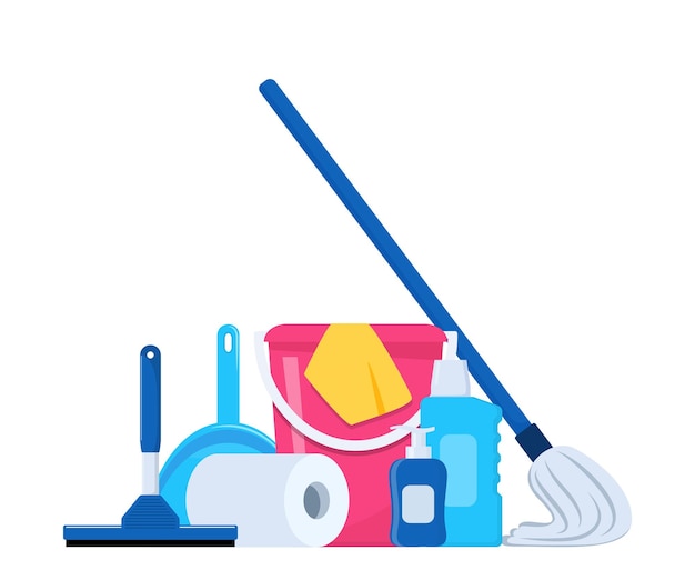 Cleaning tools and detergent for cleaning service web banner poster design Bucket scoop brush