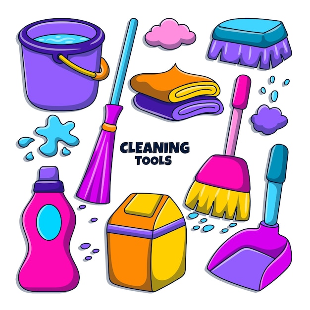 Cleaning tools doodle illustration with colored hand drawn style