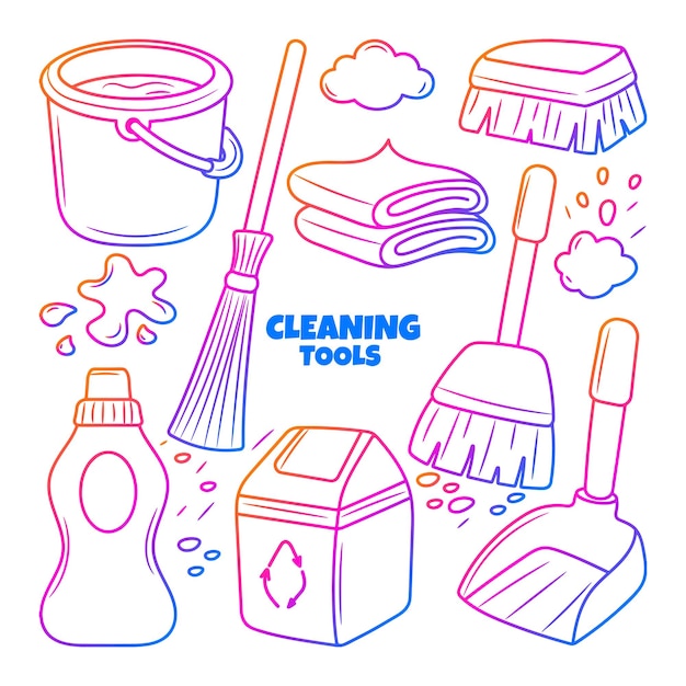 Cleaning Tools doodle illustration with hand drawn gradient outline style