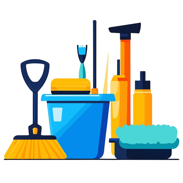 Premium Vector | Cleaning tools napkin bucket broom gloves mop ...