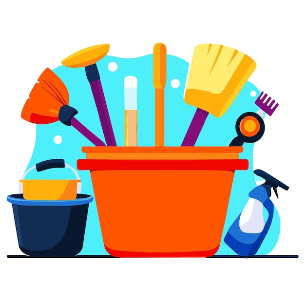 Cleaning tools napkin bucket broom gloves mop detergent or disinfectant bottles vector set vector il