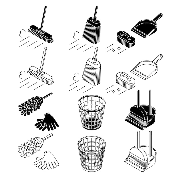 Cleaning tools set, broom, basket trash can thin line icon, isolated on white.