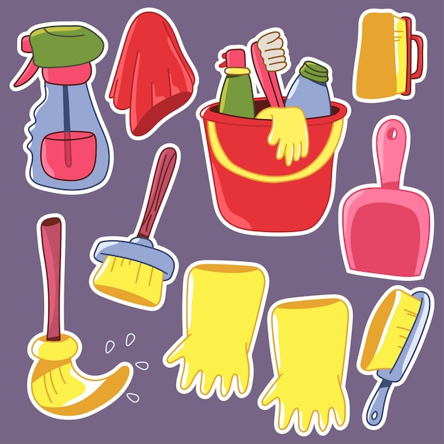 Vector cleaning tools vector cartoon stickers set isolated on background